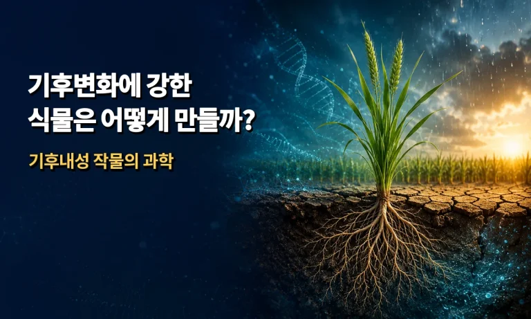 가뭄과 폭우를 견디는 작물의 깊은 뿌리와 DNA를 표현한 기후내성 식물 육종 이미지