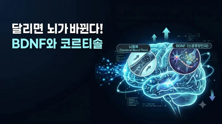 운동하는 사람과 뇌 속 신경세포 연결이 활성화되는 모습을 함께 표현한 운동과 뇌 건강 이미지