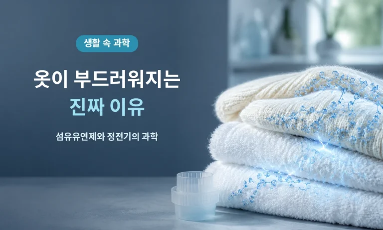 양이온 계면활성제가 섬유에 흡착해 옷감을 부드럽게 하고 정전기를 줄이는 원리를 표현한 이미지
