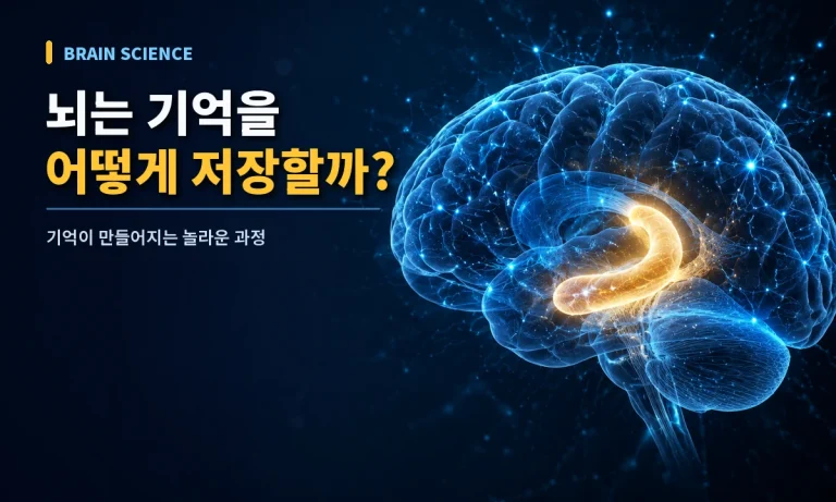 뇌의 해마와 신경세포 연결을 통해 기억이 저장되는 과정을 표현한 이미지