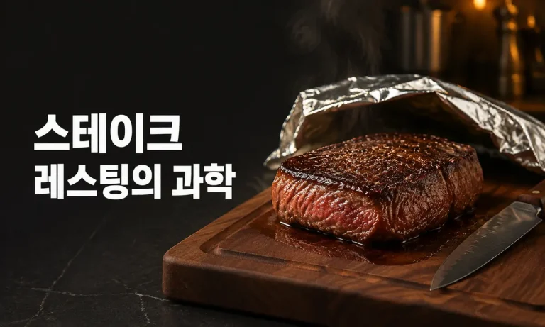 알루미늄 포일을 덮어 도마 위에서 레스팅 중인 스테이크