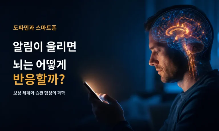 스마트폰 알림을 확인할 때 뇌의 보상 체계가 반응하는 모습을 표현한 이미지