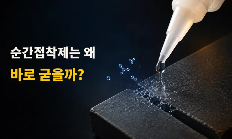 순간접착제 한 방울이 수분과 만나 고분자 결합을 형성하며 굳는 모습