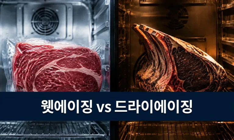 진공포장한 웻에이징 소고기와 숙성고의 드라이에이징 소고기 비교