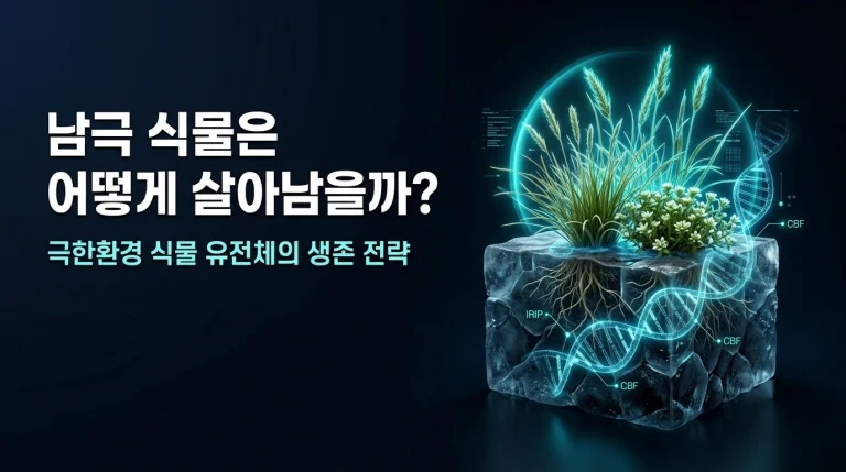 얼음 속에서 자라는 남극 식물과 DNA 이중나선, IRIP·CBF 유전자를 함께 표현한 극한환경 식물 유전체 이미지