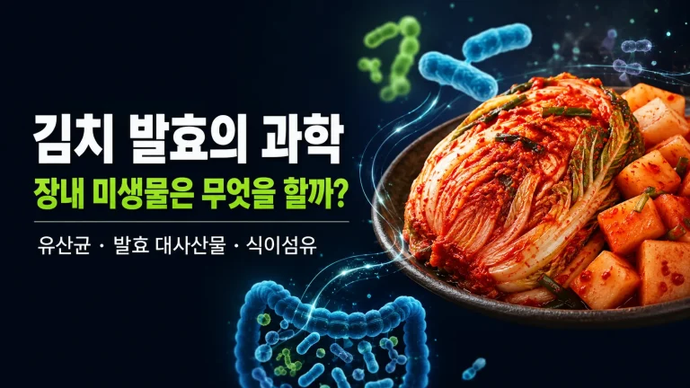 김치 한 포기와 깍두기가 담긴 접시 주위로 유산균과 장내 미생물을 형상화한 그래픽
