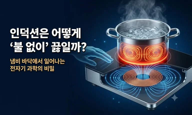 인덕션 코일이 만든 자기장이 유리 상판을 통과해 냄비 바닥을 붉게 달구는 그림, '인덕션은 어떻게 불 없이 끓일까?' 문구가 함께 있음