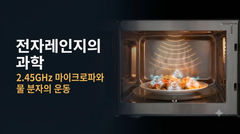 문이 열린 전자레인지 안에서 접시에 담긴 음식 위로 마이크로파와 물 분자 기호가 표현된 일러스트