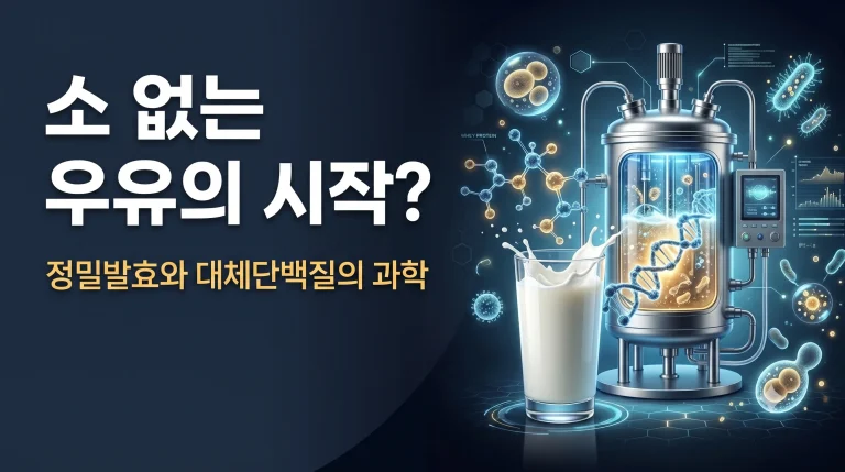 우유가 담긴 유리잔 옆에 놓인 스테인리스 발효조와 단백질 분자 구조, 미생물을 표현한 일러스트