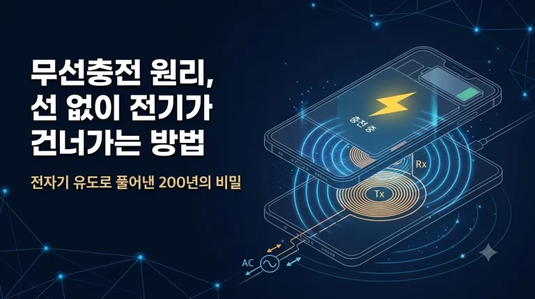 무선충전 패드 위에 놓인 스마트폰과 송신 코일 Tx, 수신 코일 Rx 사이에 자기장이 형성되는 모습을 표현한 일러스트